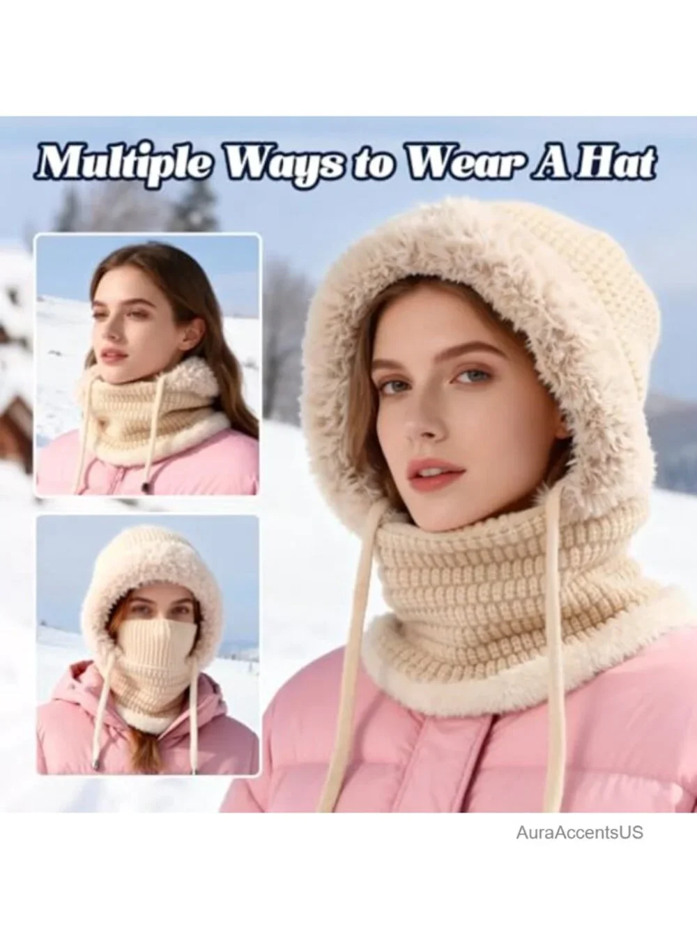 3-in-1 Knit Beanie Hat Balaclava Winter Windproof Fleece Lined Neck Warmer Scarf